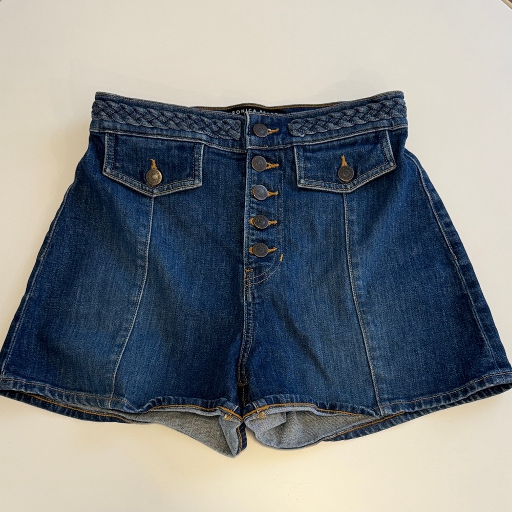 Veronica Beard Dark Blue Jean Shorts with Braided Waistband